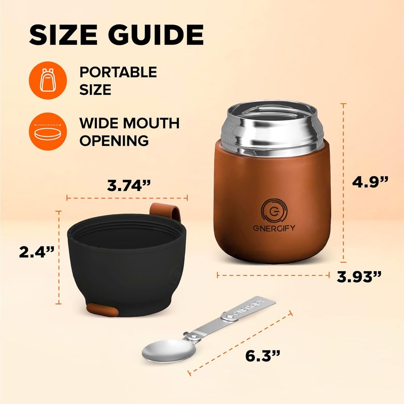 ENERGIFY Vacuum Insulated Food Jar. Large 17oz Bowl incl Folding Spoon, Cup. Wide Mouth Keep Hot & Cold Drinks Soup Lunch Container for Adults BPA-Free Stainless Steel, Leak Prooff Spiced copper - Image 4
